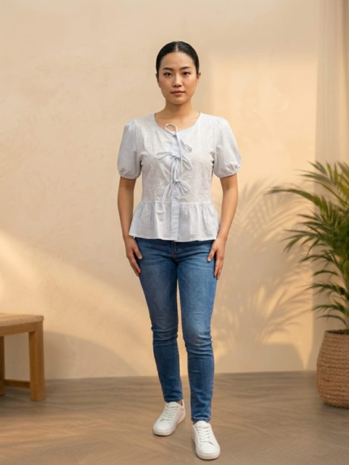 Light Blue Tie Front Peplum Top