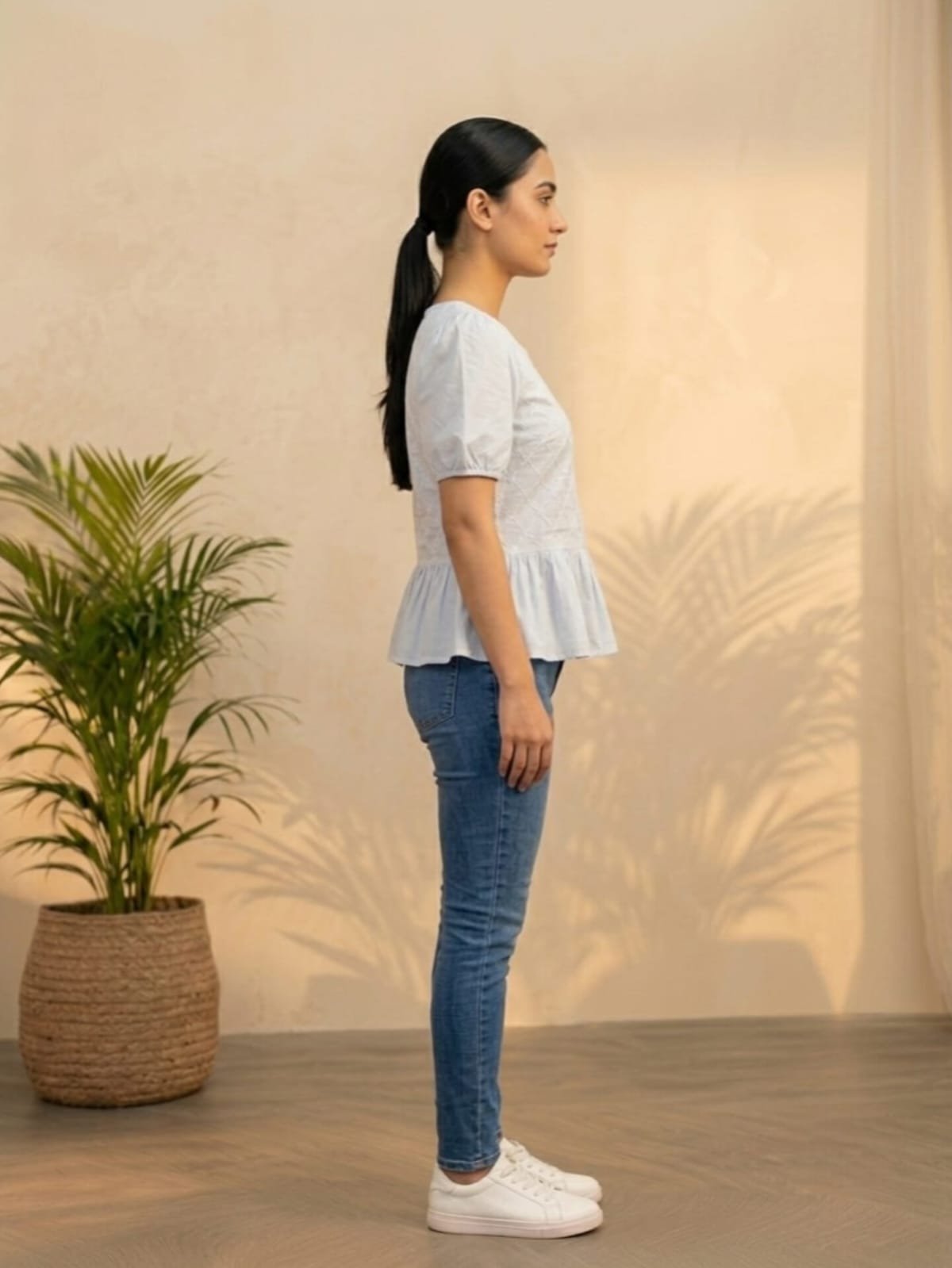 Light Blue Tie Front Peplum Top