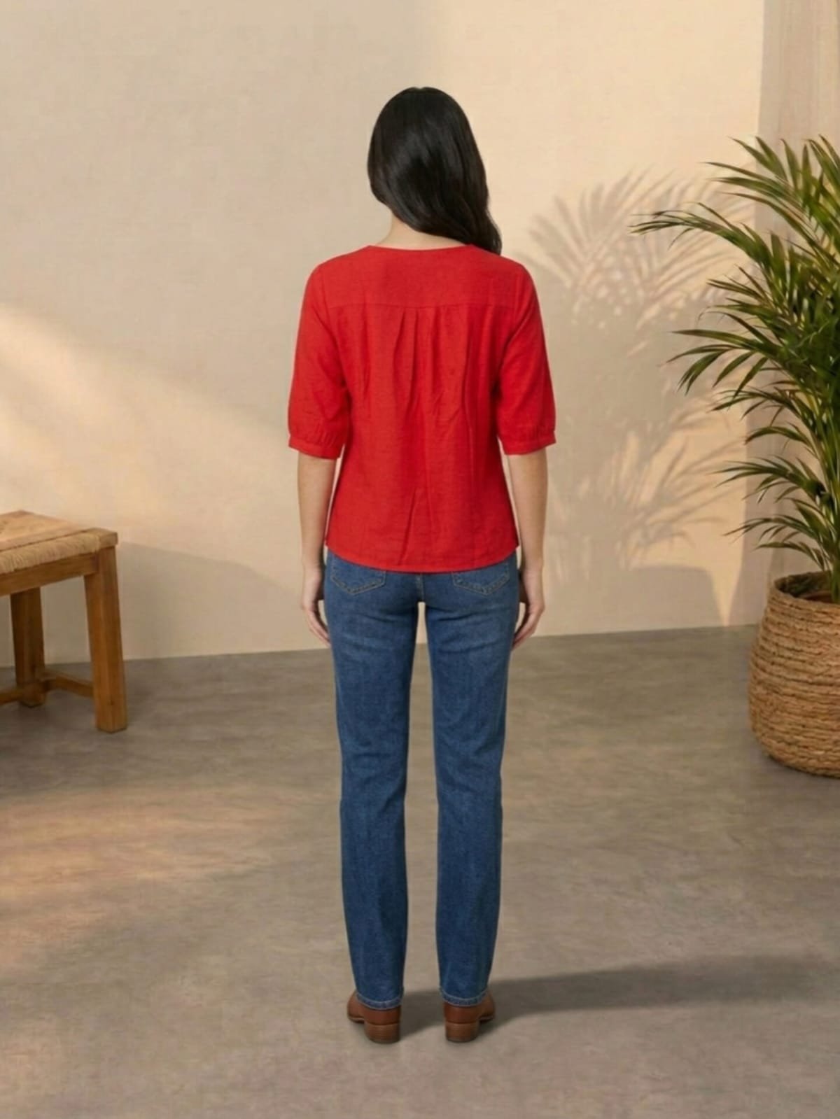 Red Embroidered Button-Up Top