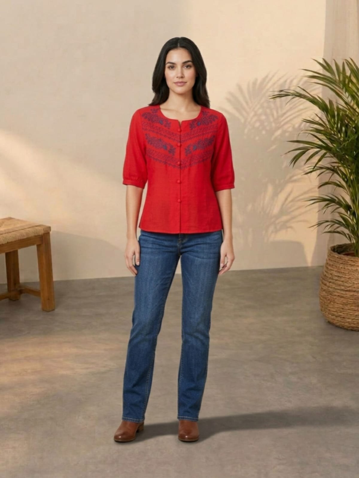 Red Embroidered Button-Up Top