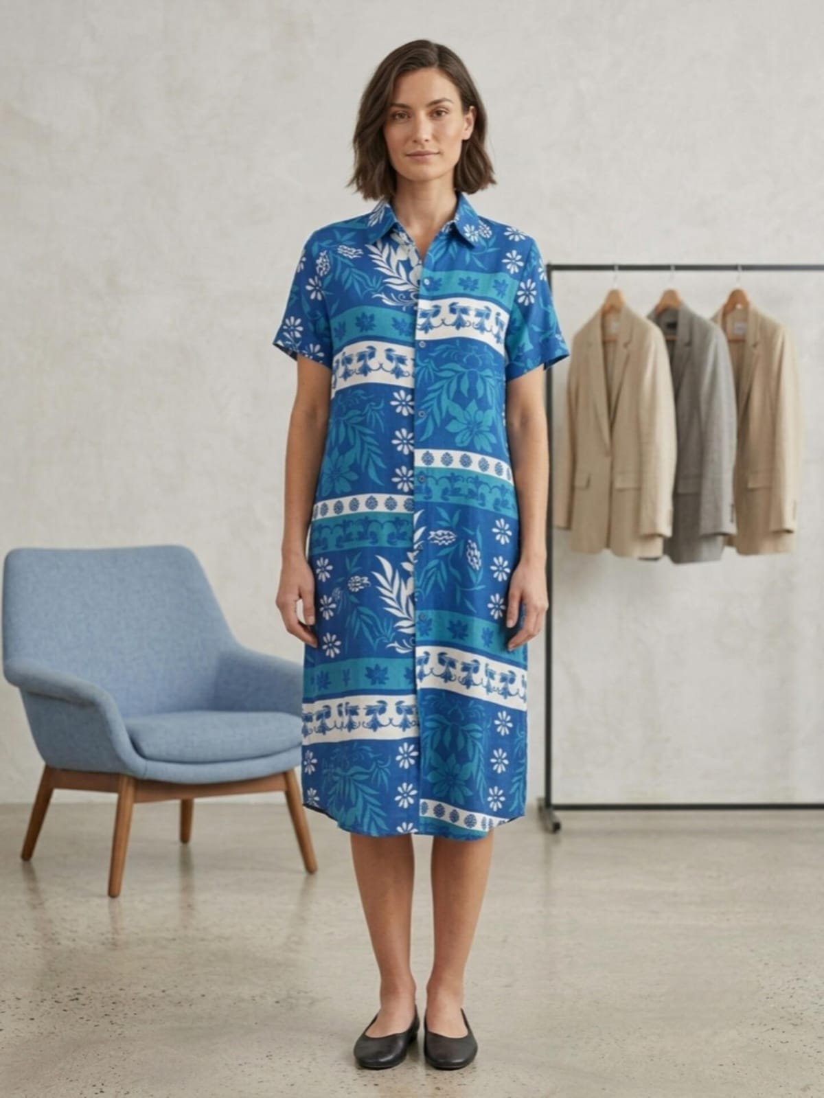 Blue Floral Print Shirt Dress
