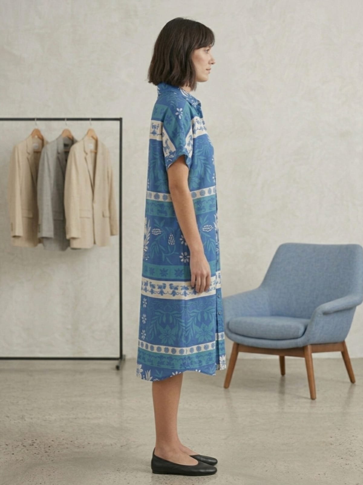Blue Floral Print Shirt Dress