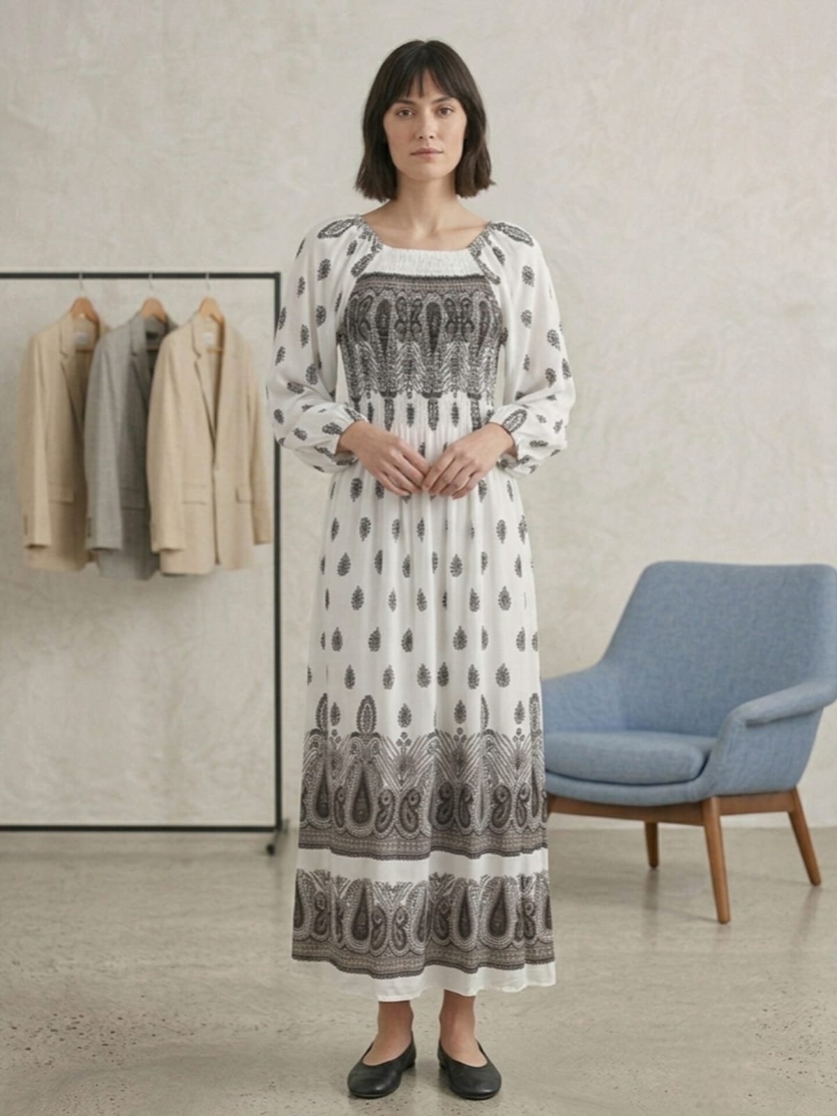 White Paisley Print Maxi Dress