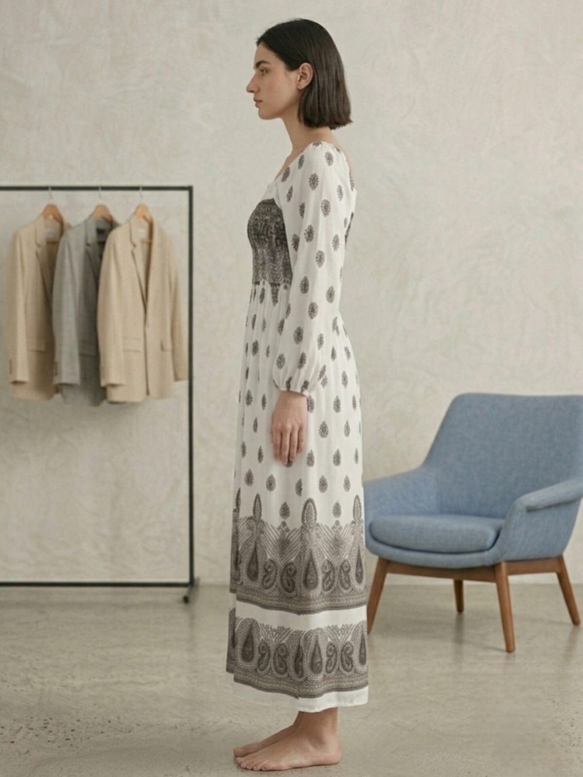 White Paisley Print Maxi Dress
