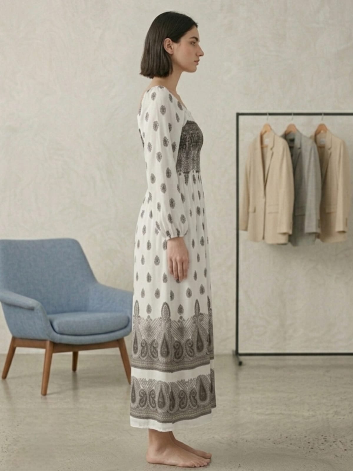 White Paisley Print Maxi Dress
