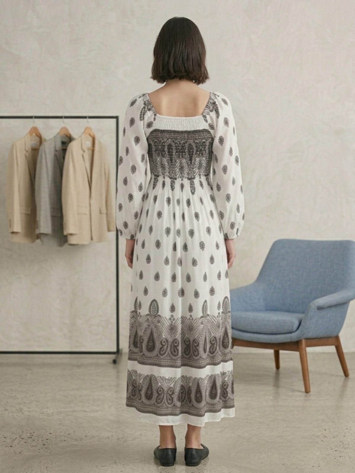 White Paisley Print Maxi Dress
