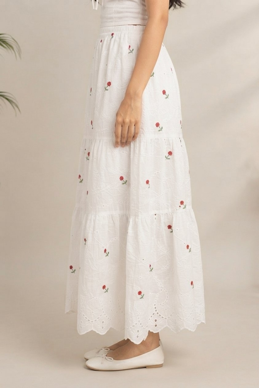 White Floral Embroidered Maxi Skirt