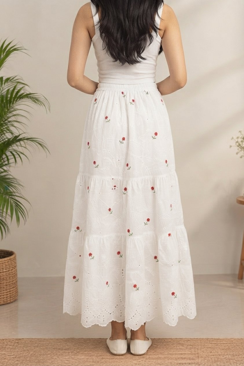 White Floral Embroidered Maxi Skirt