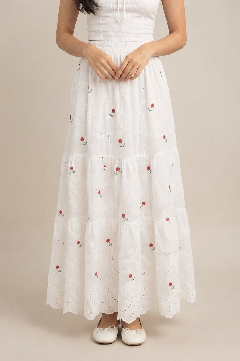 White Floral Embroidered Maxi Skirt