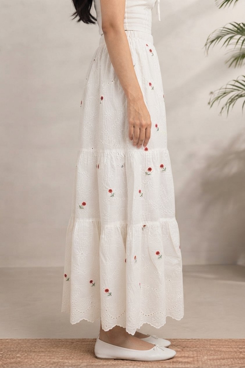 White Floral Embroidered Maxi Skirt