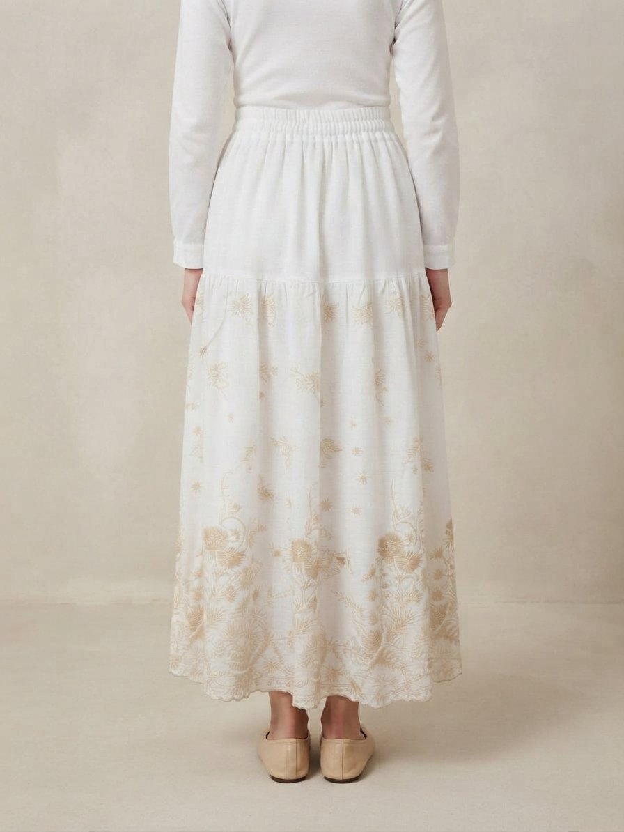 White Botanical Embroidered Maxi Skirt