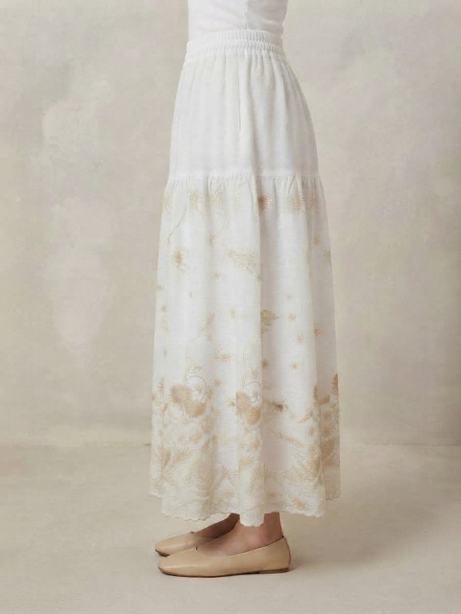 White Botanical Embroidered Maxi Skirt