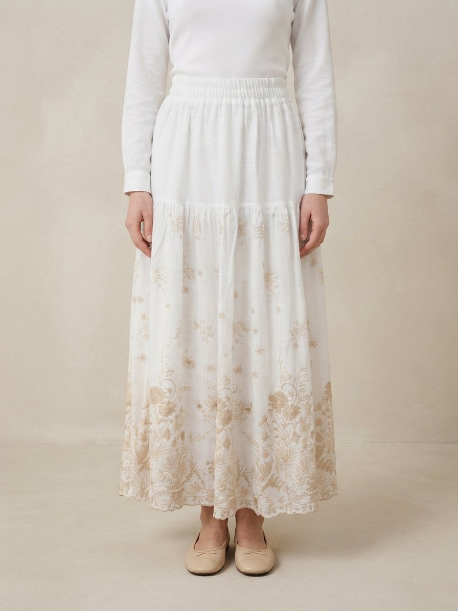 White Botanical Embroidered Maxi Skirt