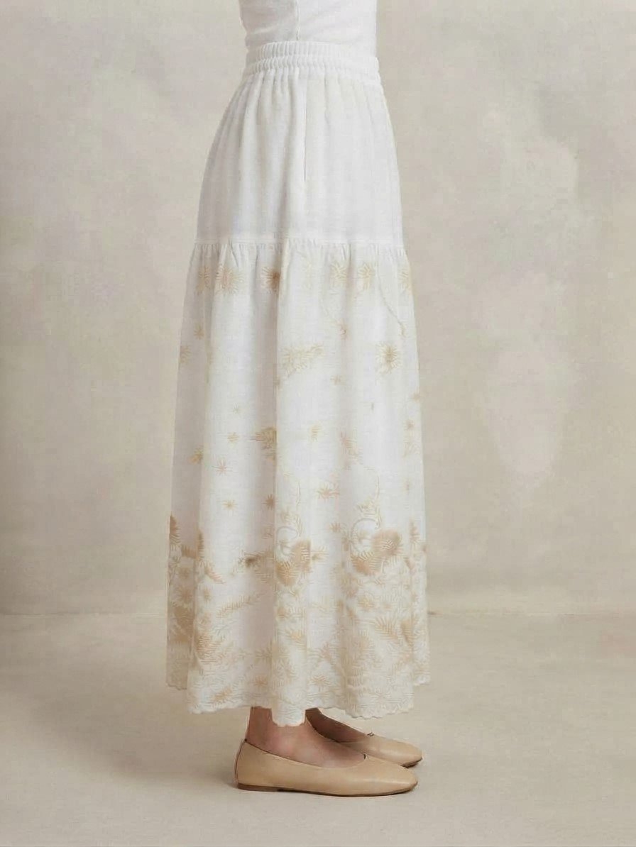 White Botanical Embroidered Maxi Skirt