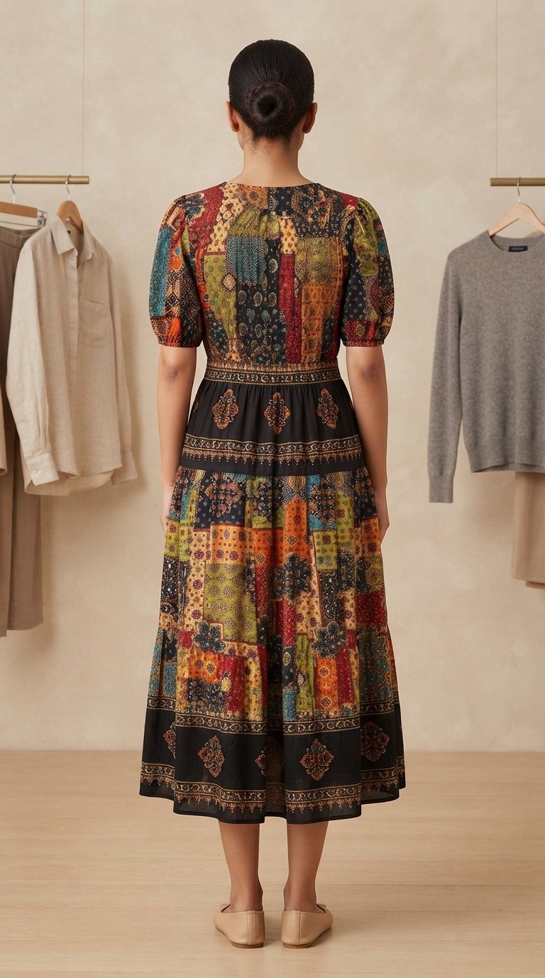 Women’s Black Boho Printed Midi Dress