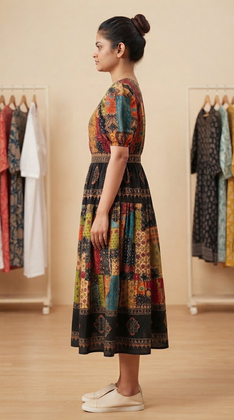 Women’s Black Boho Printed Midi Dress
