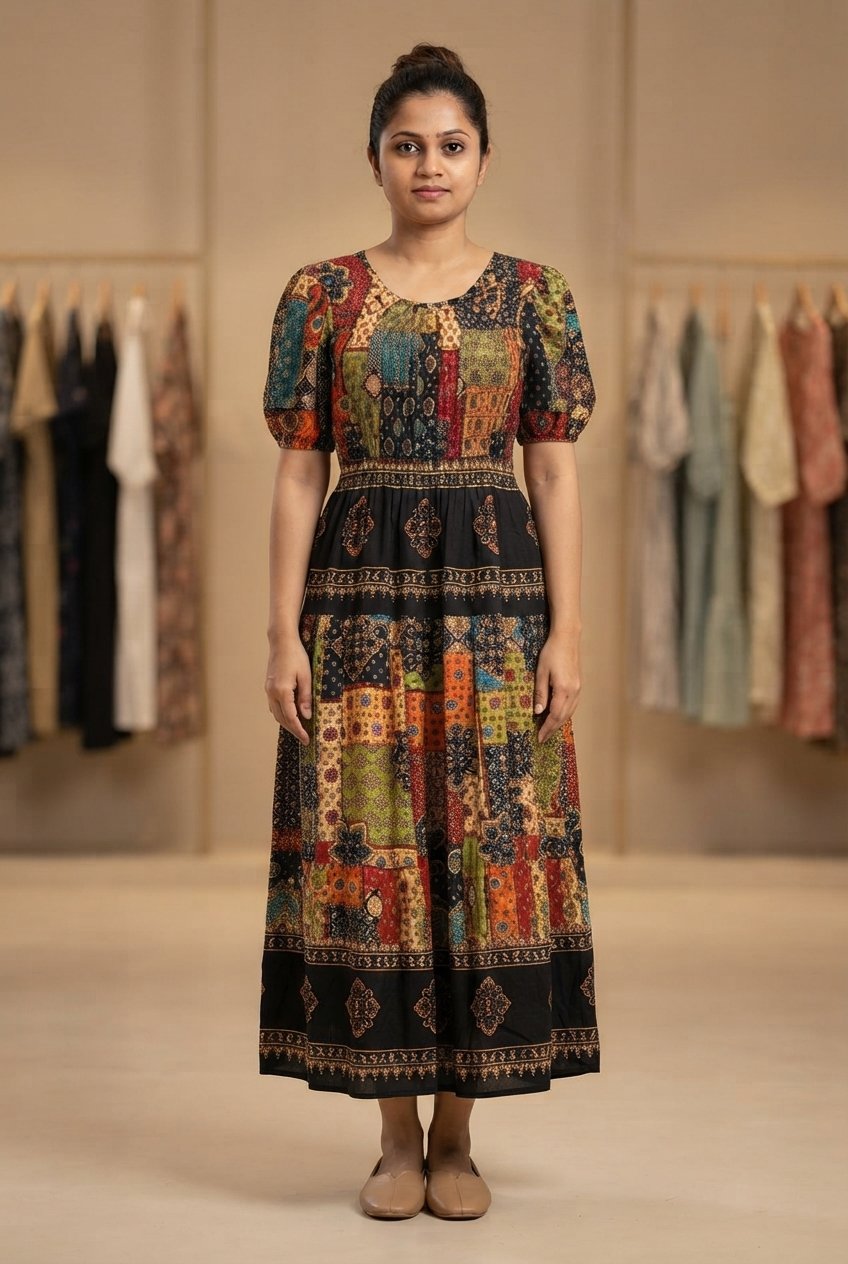 Women’s Black Boho Printed Midi Dress