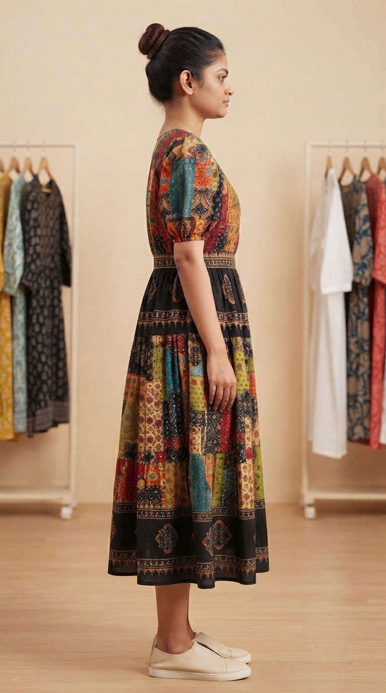 Women’s Black Boho Printed Midi Dress