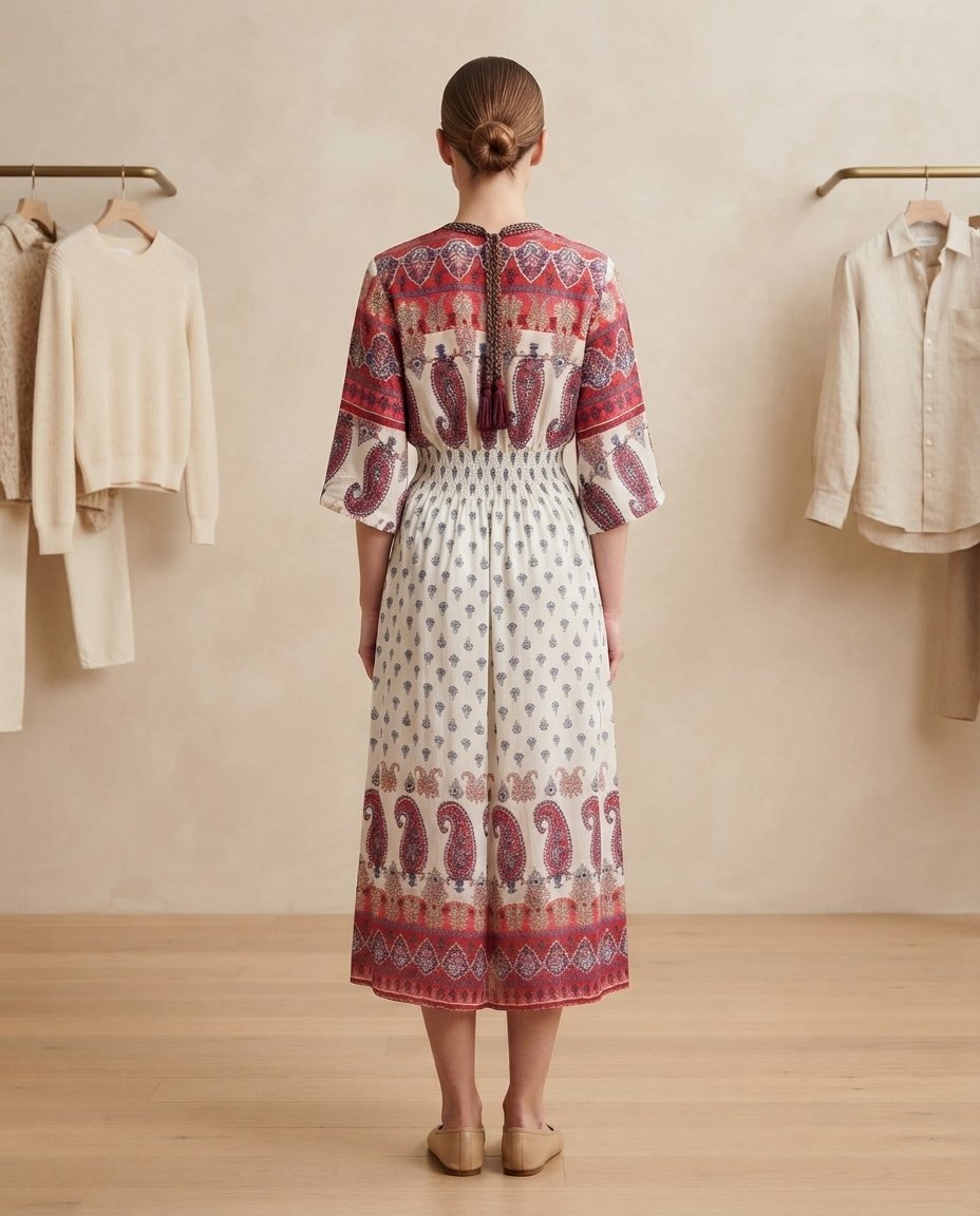 White Red Boho Printed Midi Dress