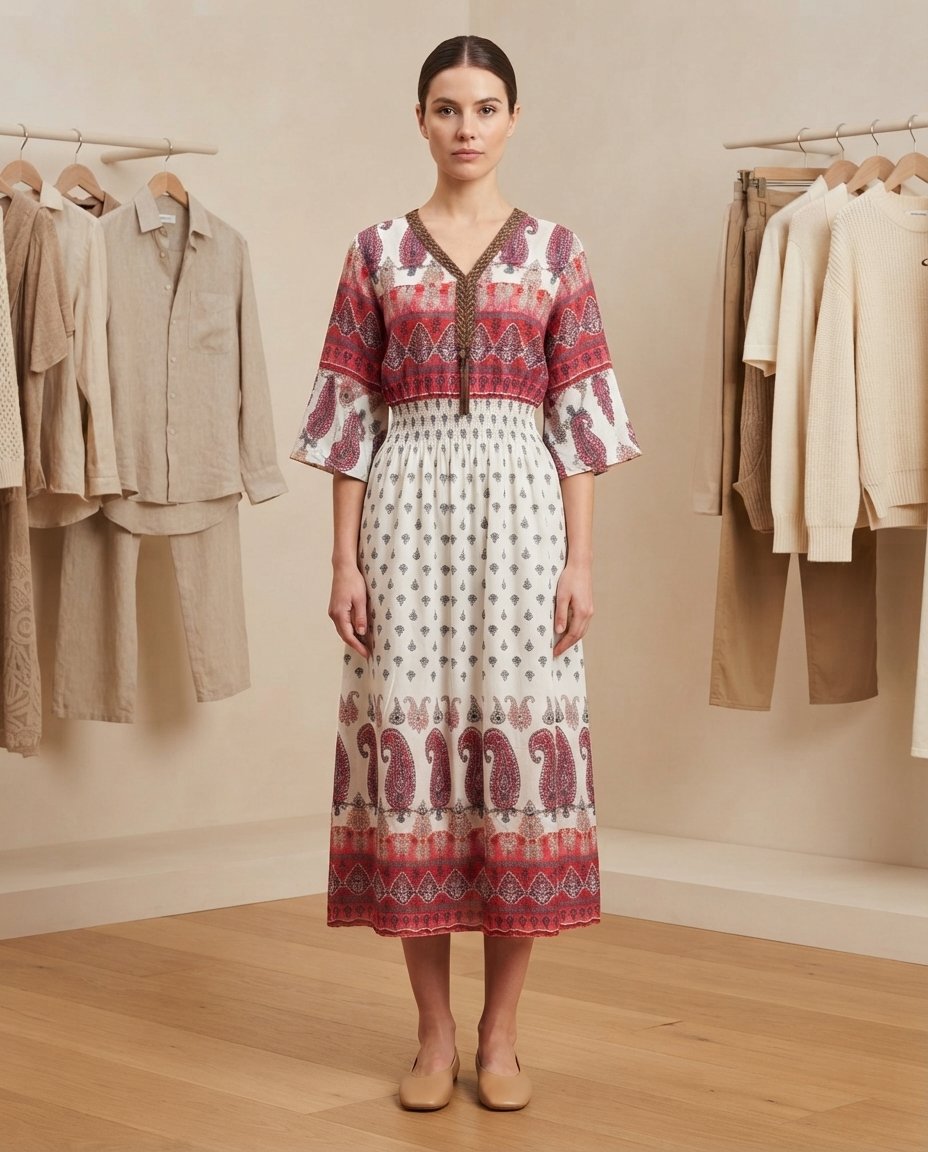 White Red Boho Printed Midi Dress