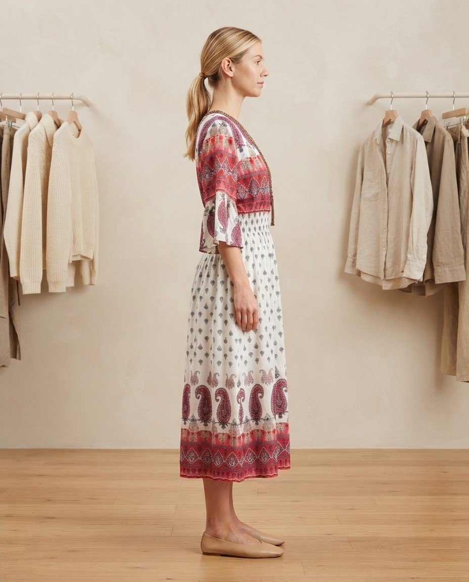 White Red Boho Printed Midi Dress