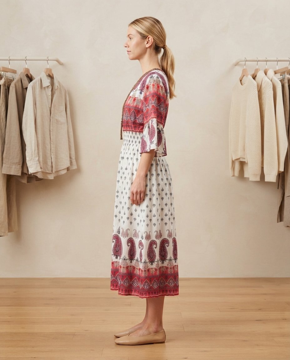White Red Boho Printed Midi Dress