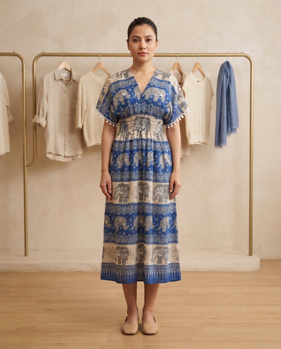 Blue Elephant Printed Boho Midi Dress