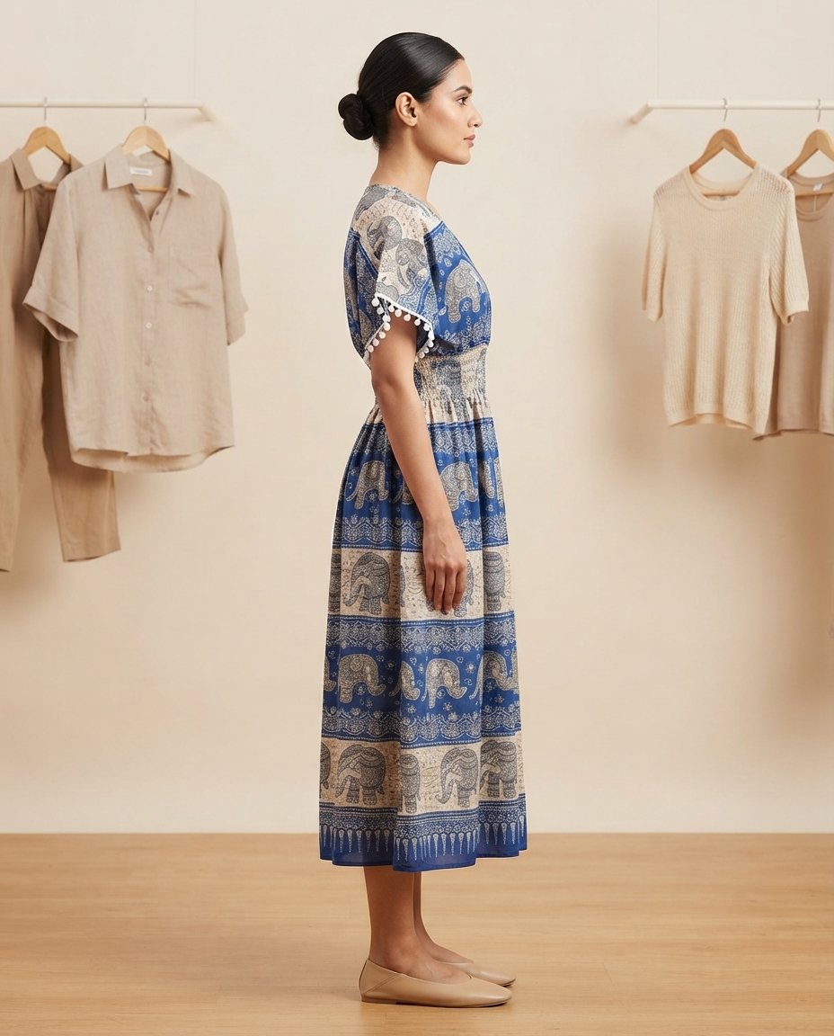 Blue Elephant Printed Boho Midi Dress