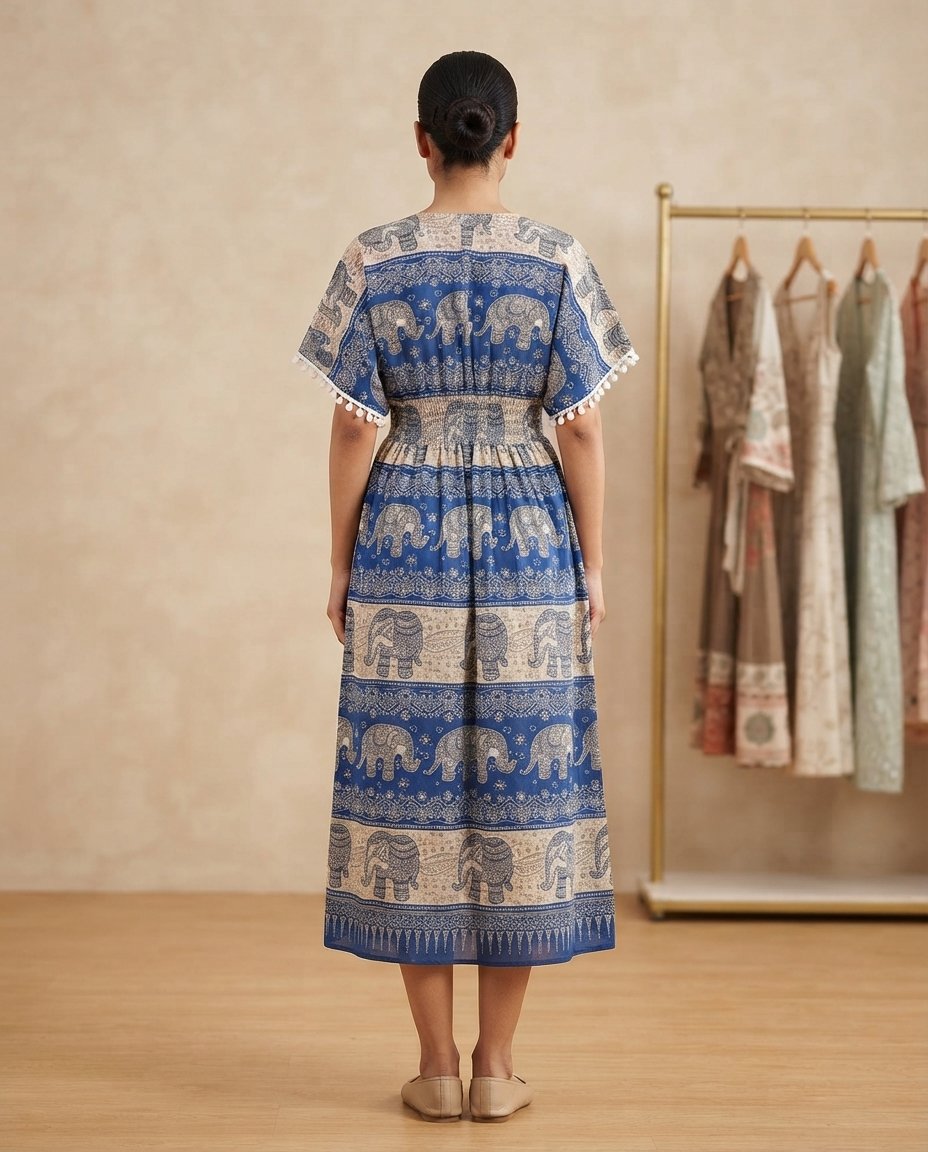 Blue Elephant Printed Boho Midi Dress