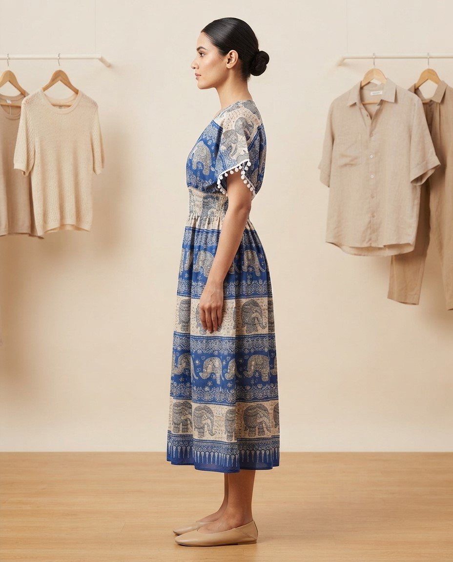 Blue Elephant Printed Boho Midi Dress