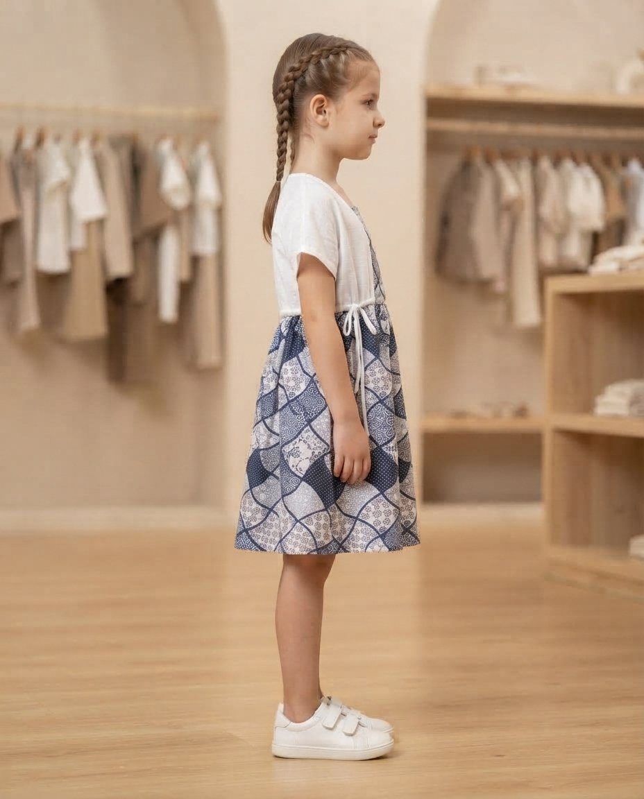 Girls’ Navy White Printed Dress with Shrug