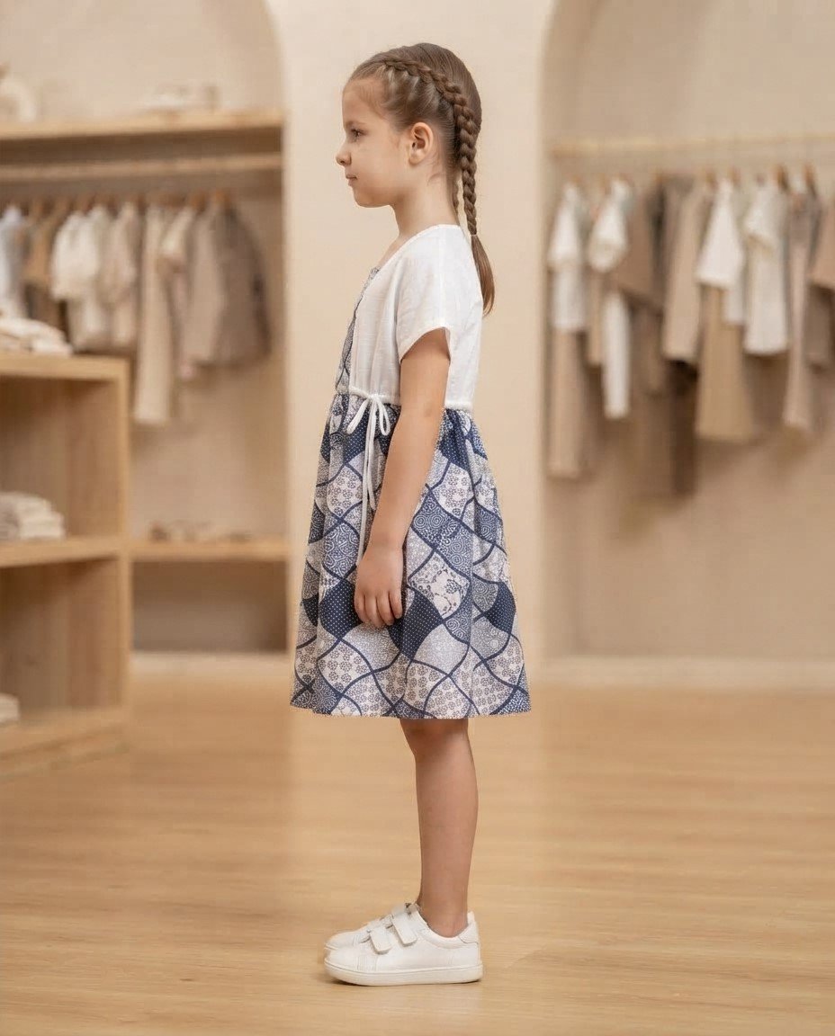 Girls’ Navy White Printed Dress with Shrug