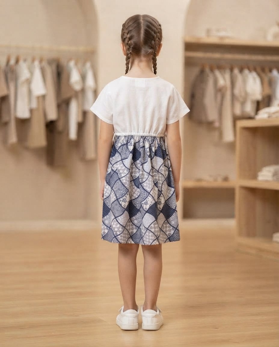 Girls’ Navy White Printed Dress with Shrug