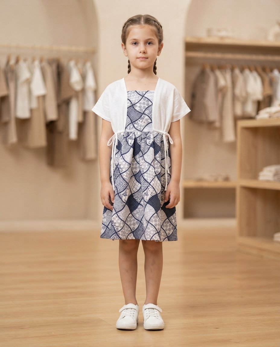 Girls’ Navy White Printed Dress with Shrug