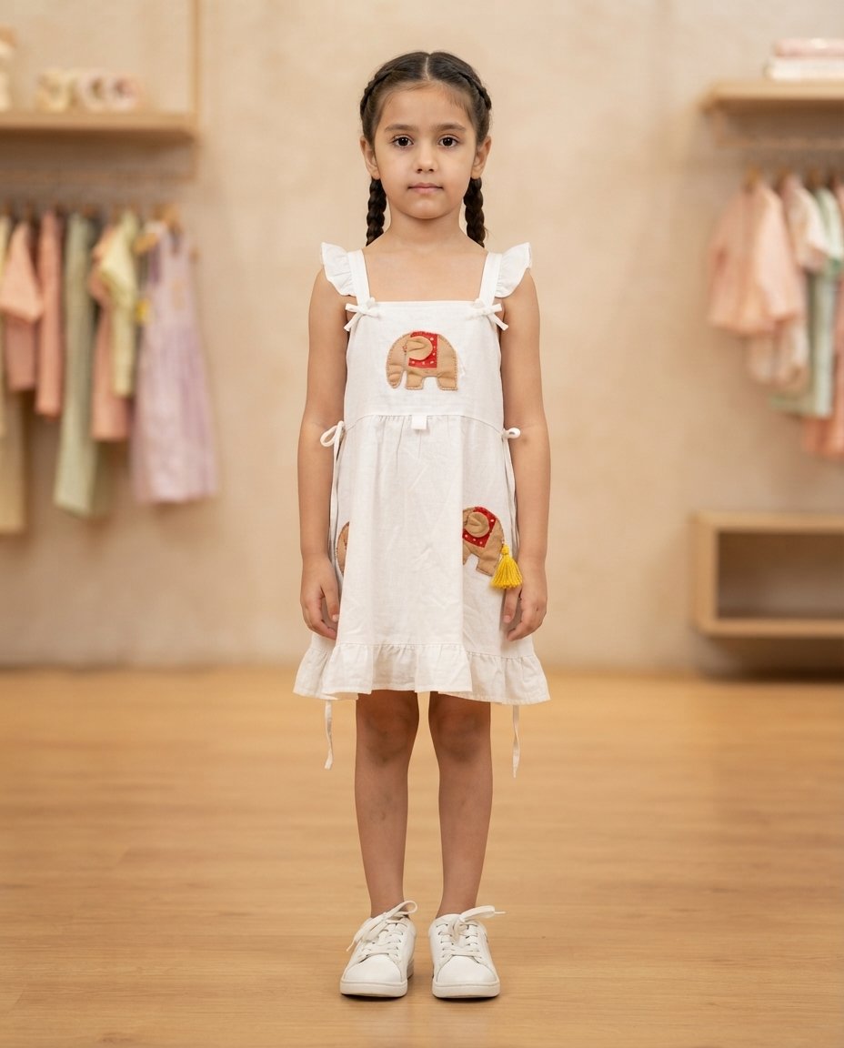Girls’ White Elephant Applique Ruffle Dress