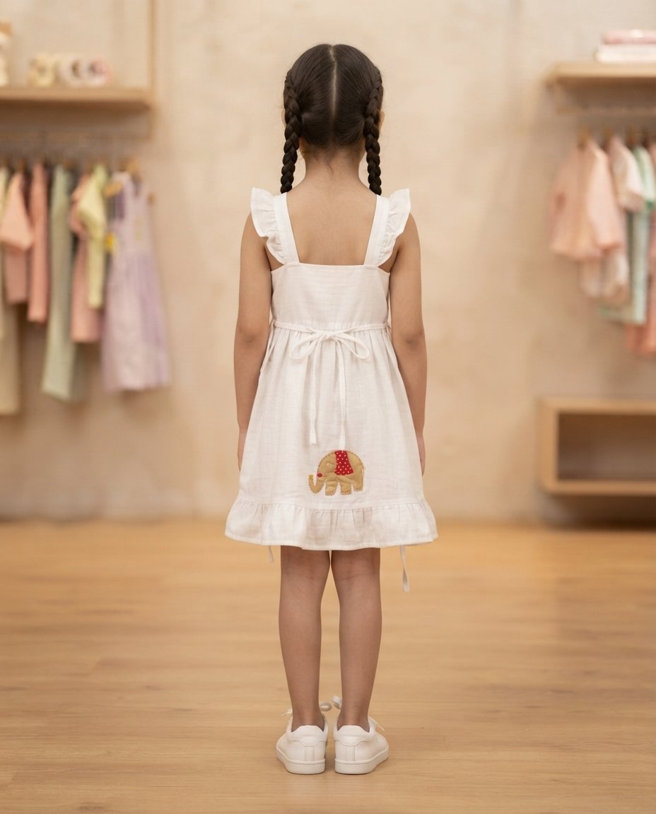 Girls’ White Elephant Applique Ruffle Dress