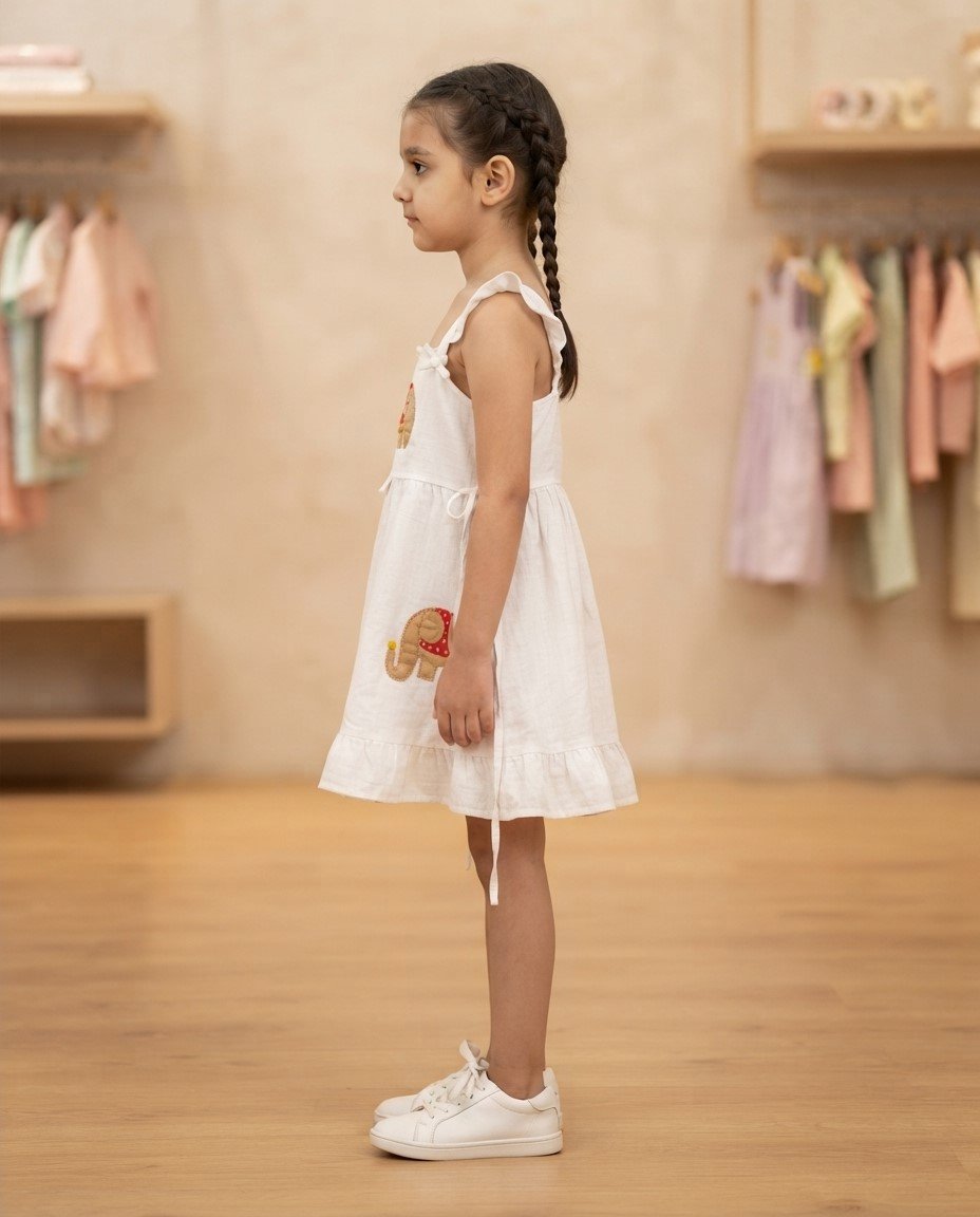 Girls’ White Elephant Applique Ruffle Dress
