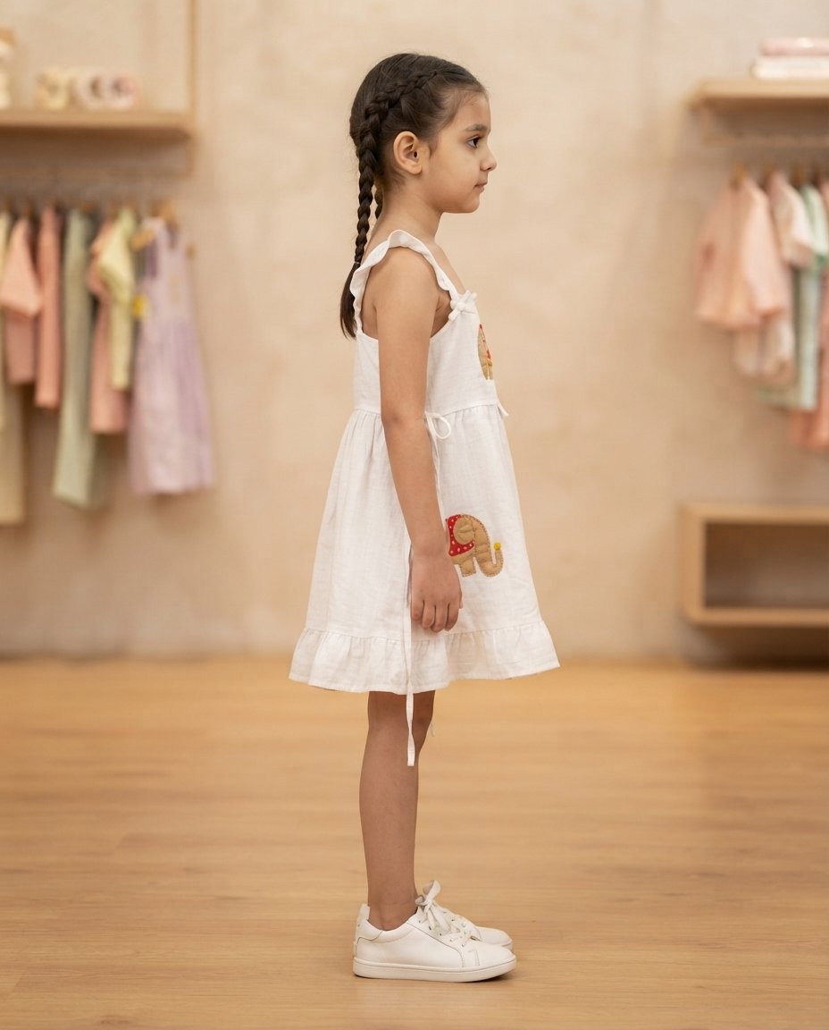 Girls’ White Elephant Applique Ruffle Dress