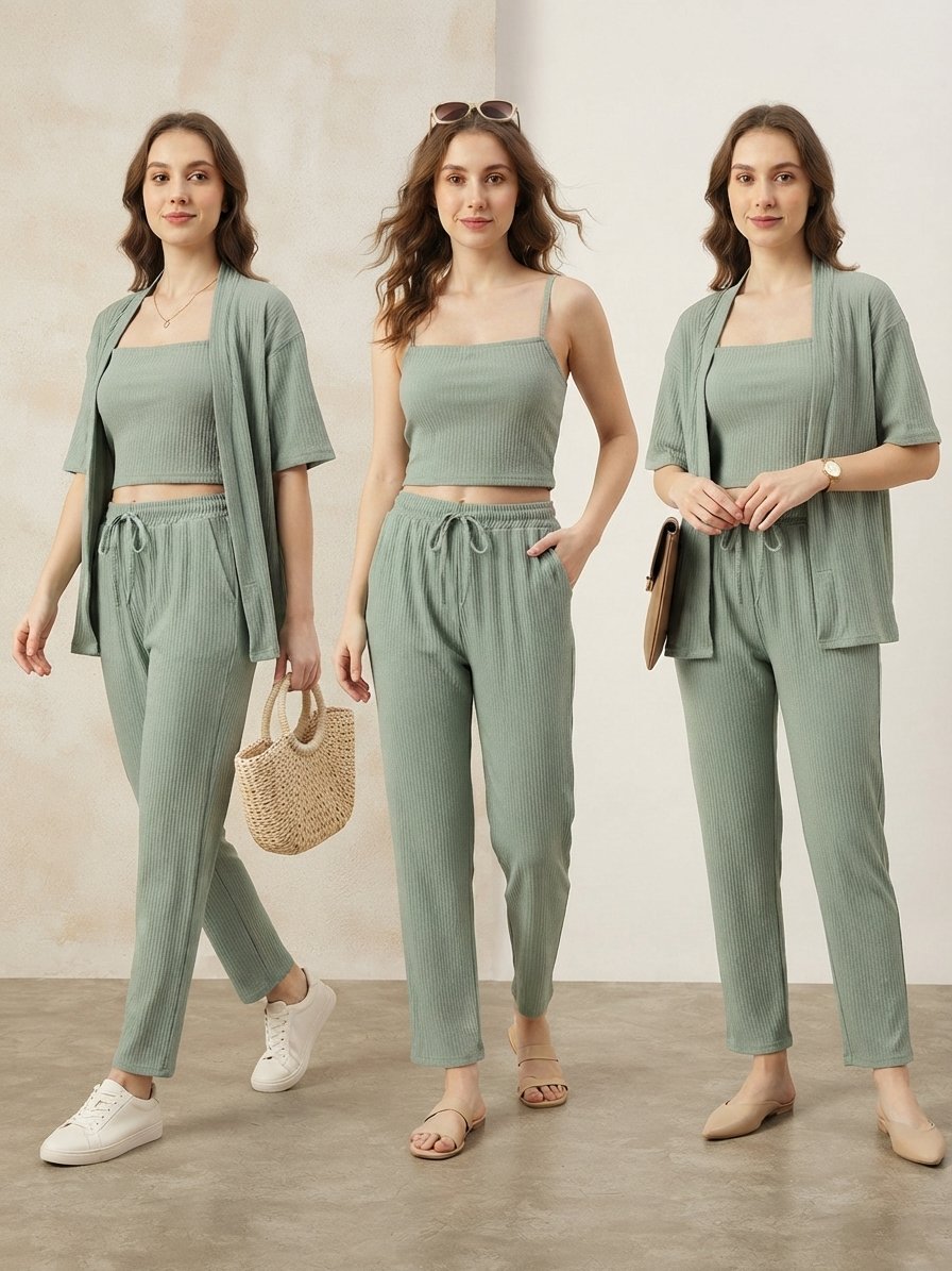Women’s Sage Green Ribbed 3-Piece Co-ord Set