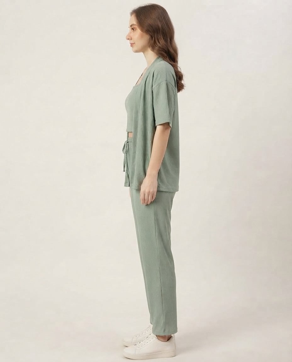 Women’s Sage Green Ribbed 3-Piece Co-ord Set