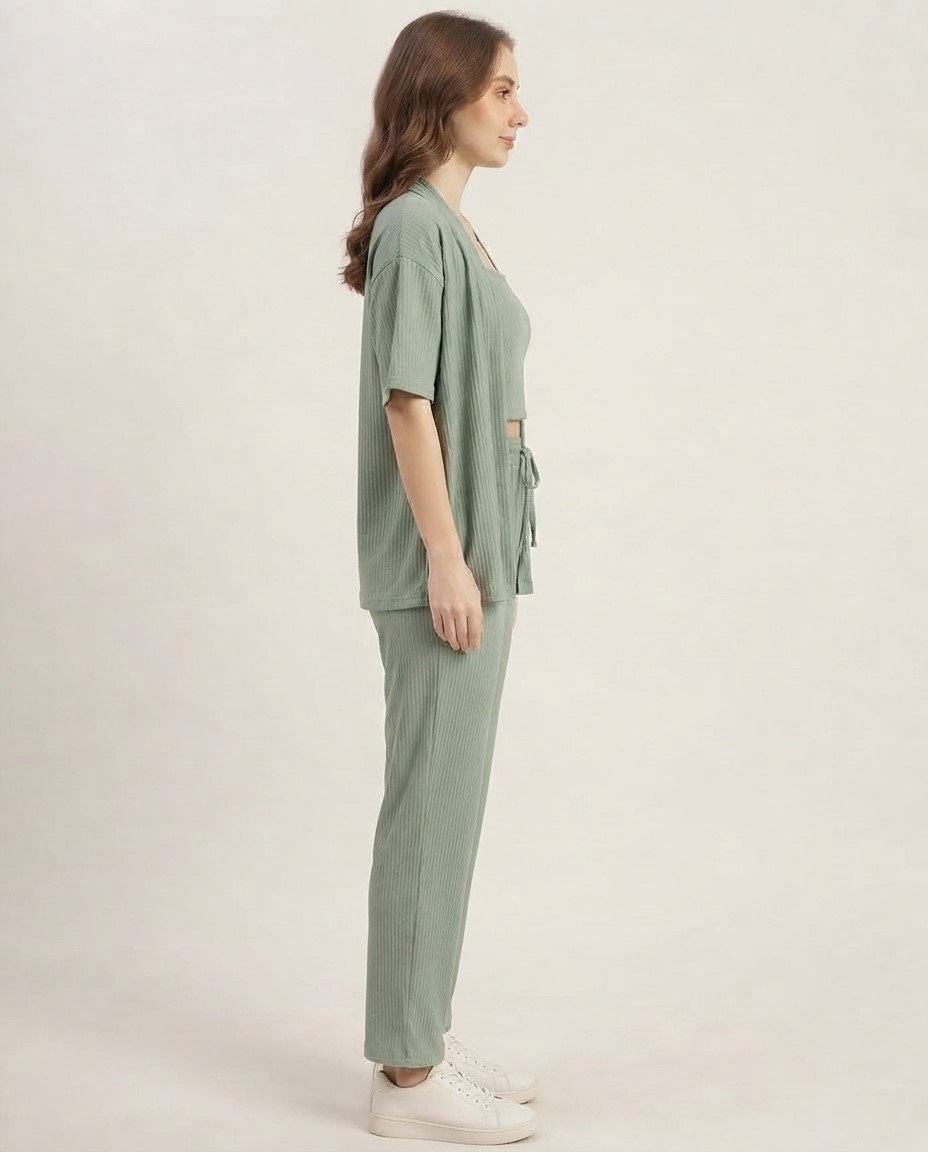 Women’s Sage Green Ribbed 3-Piece Co-ord Set