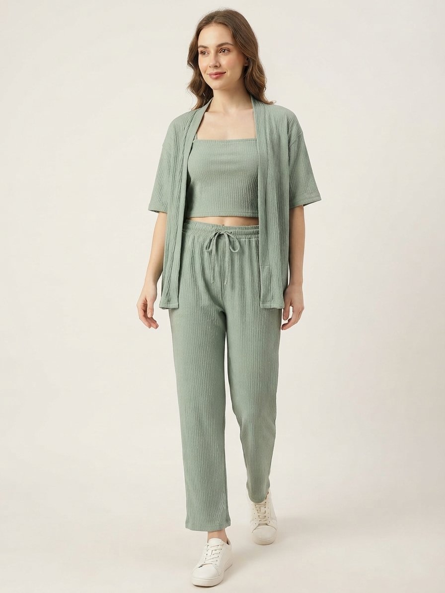 Women’s Sage Green Ribbed 3-Piece Co-ord Set