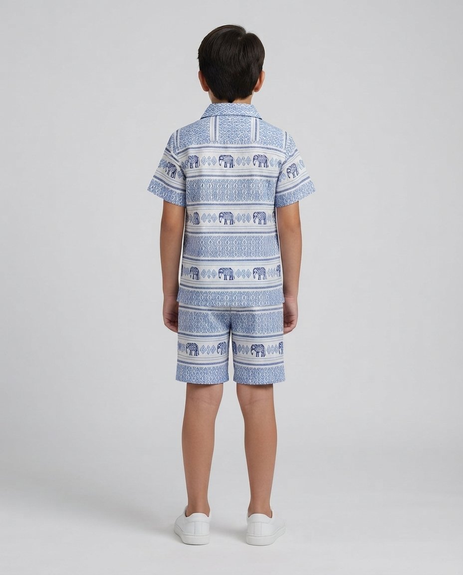 Boys’ Blue Elephant Printed Shirt and Shorts Set