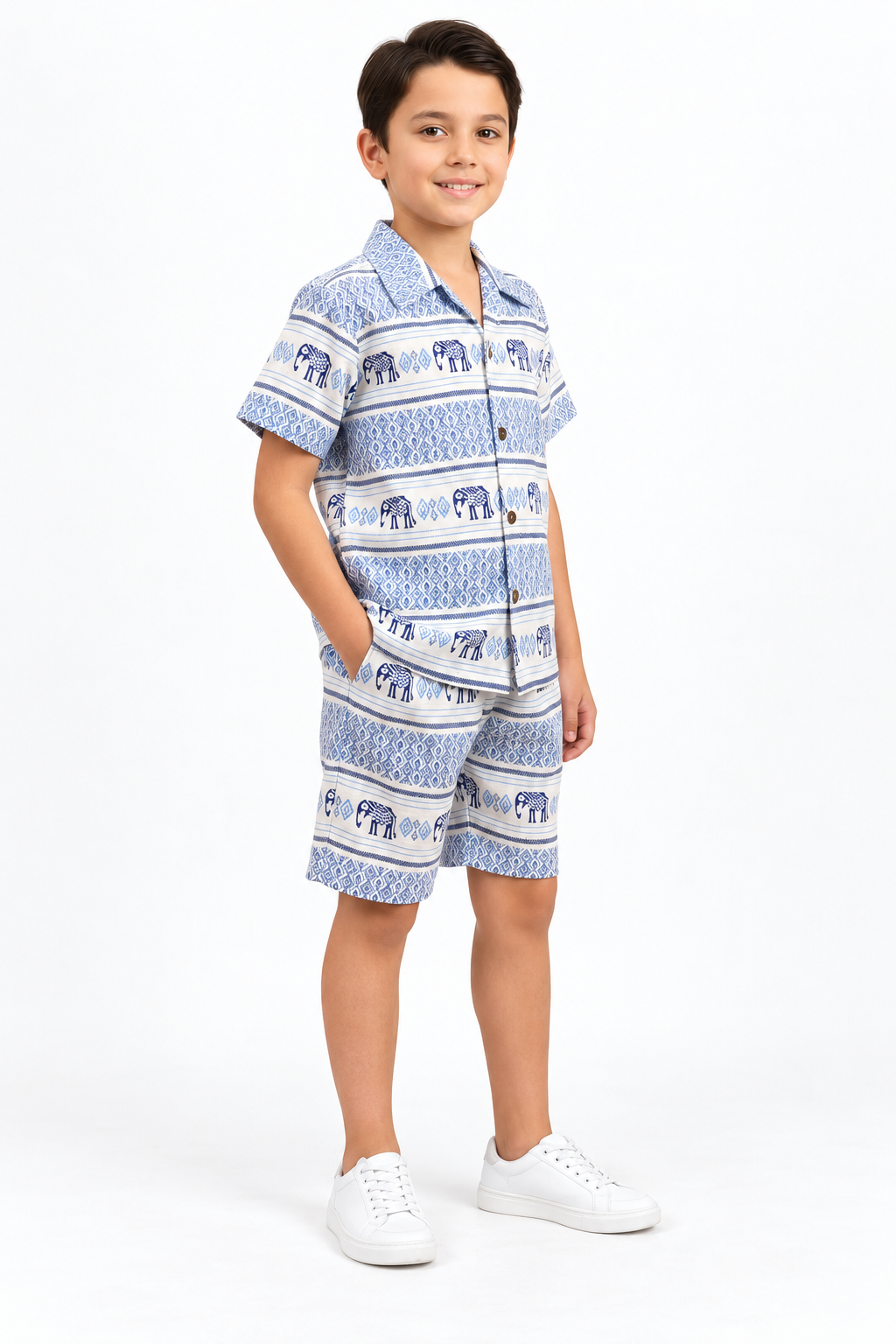 Boys’ Blue Elephant Printed Shirt and Shorts Set