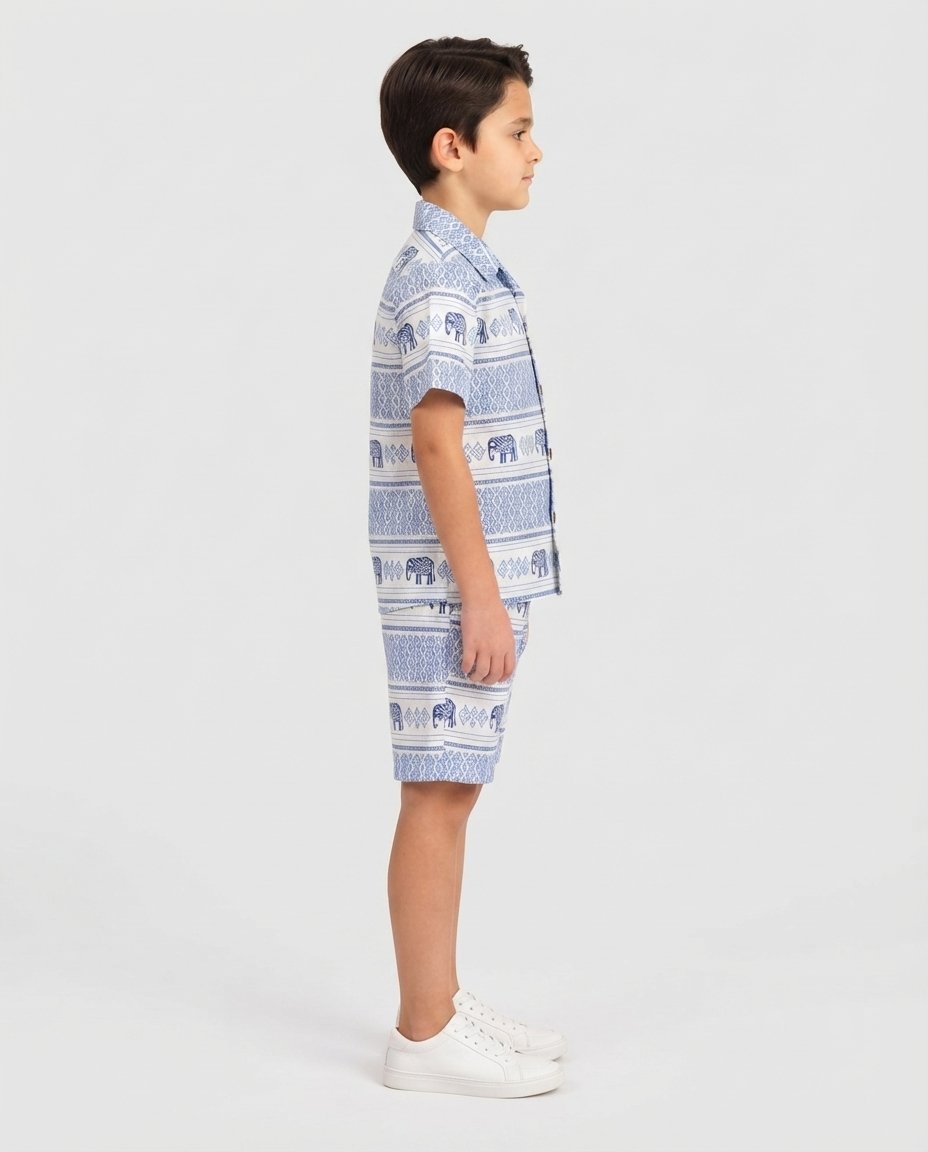 Boys’ Blue Elephant Printed Shirt and Shorts Set