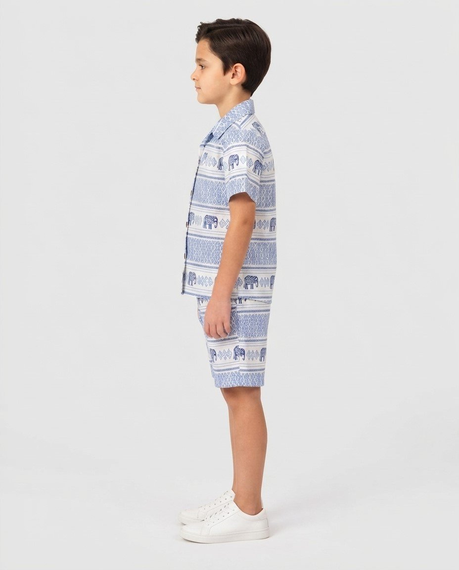 Boys’ Blue Elephant Printed Shirt and Shorts Set