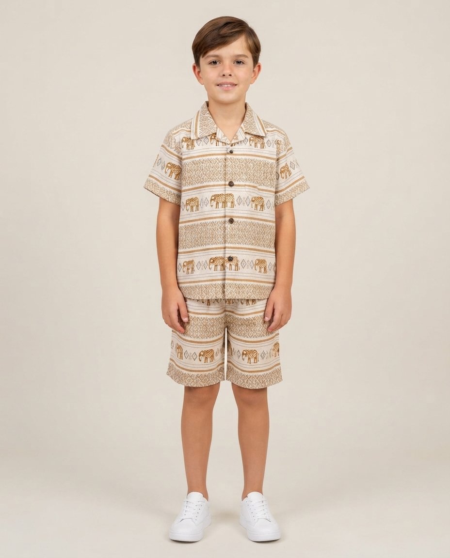 Boys’ Blue Elephant Printed Shirt and Shorts Set