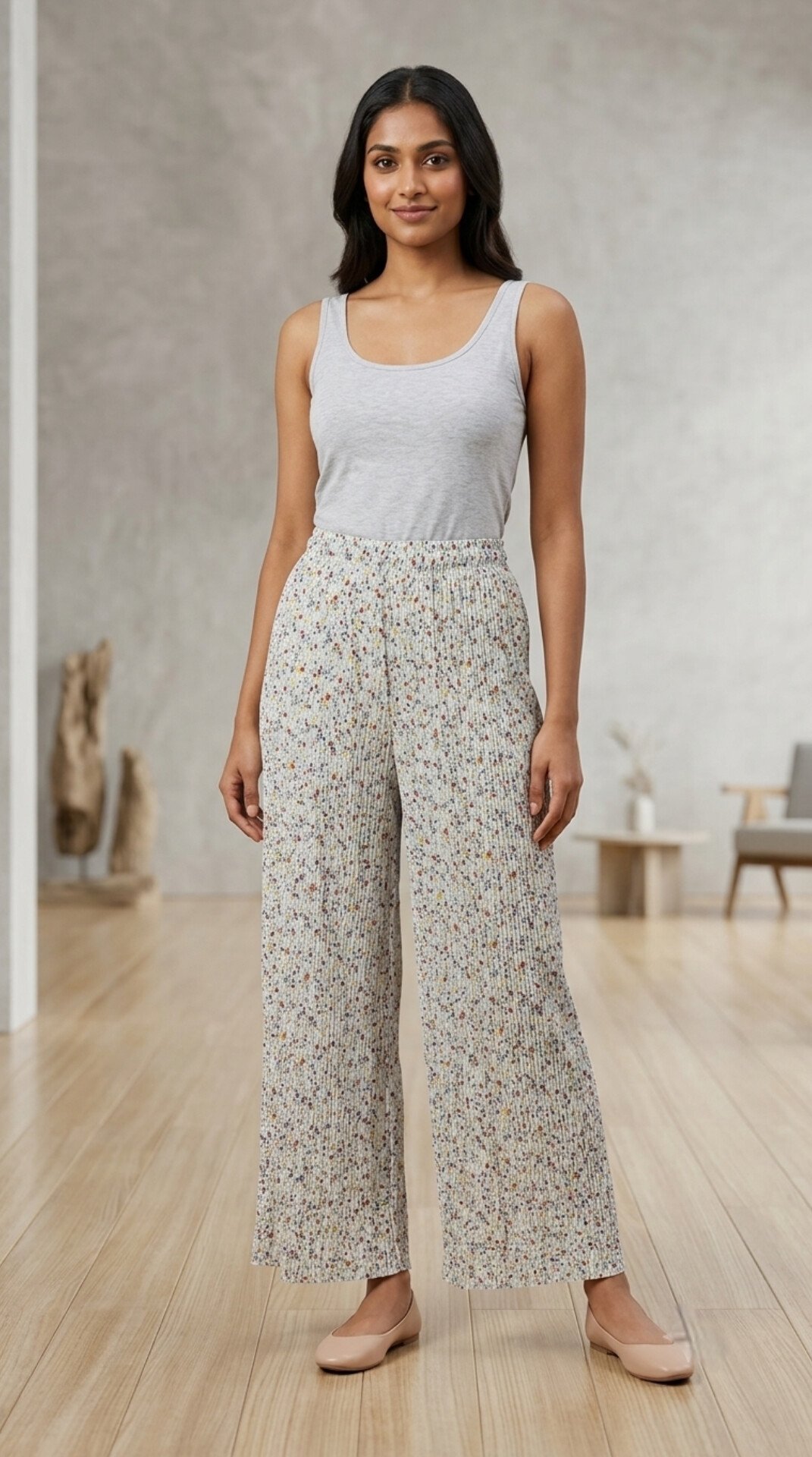 Beige Floral Print Palazzo Pants