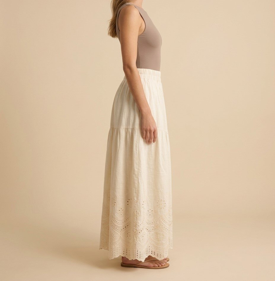 White Eyelet Embroidered Tiered Maxi Skirt
