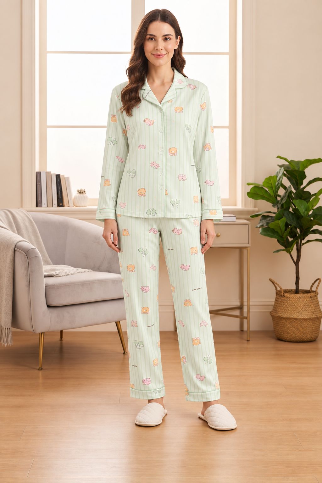 Women’s Mint Green Cute Printed Pajama Night Suit Set